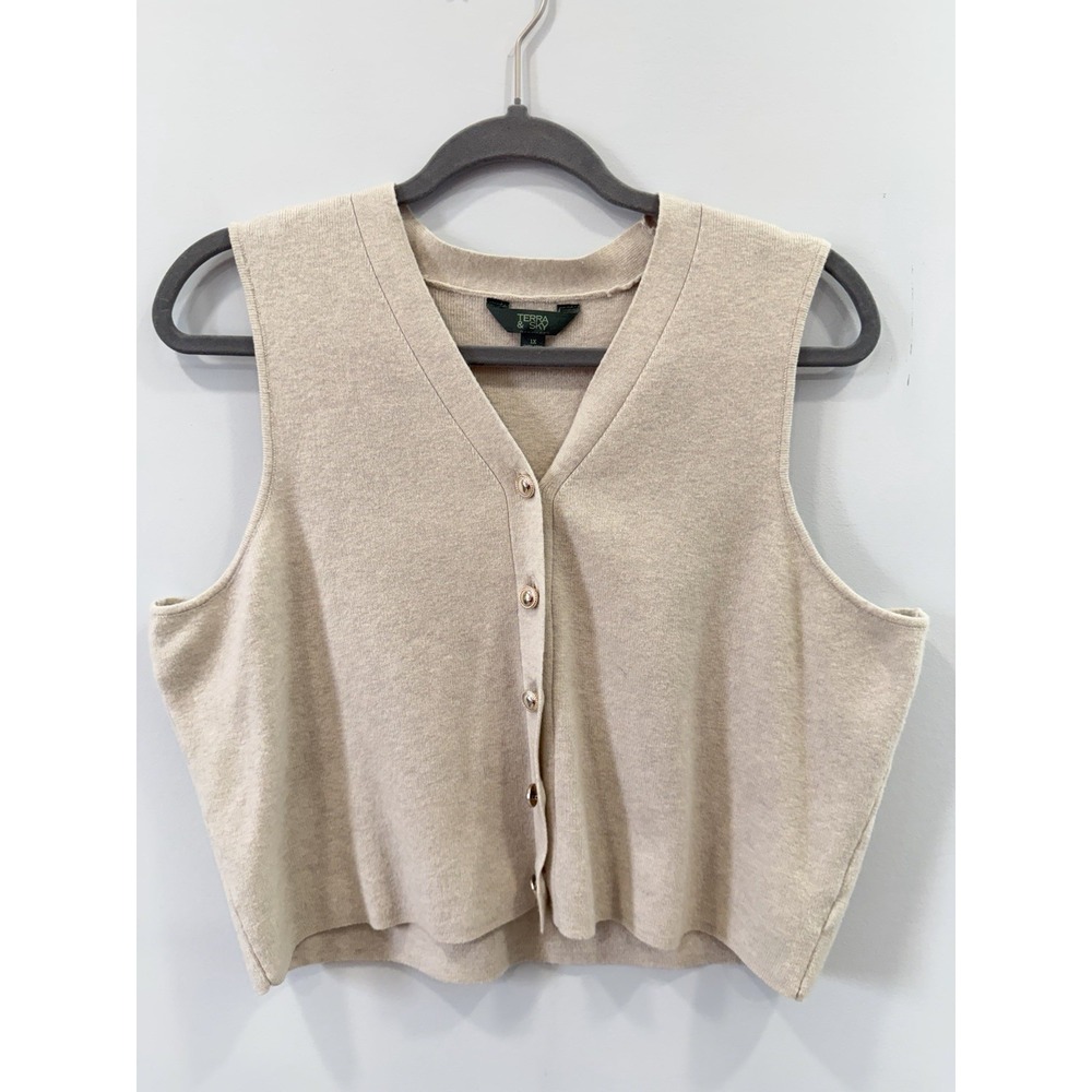Terra & Sky 1X 2 Piece Knit Vest Wide Leg Pants Set Neutral Boho Chic Loungewear - Picture 2 of 11